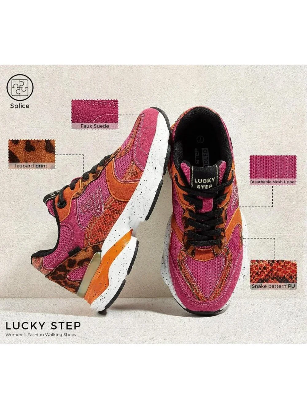 Women's Fuchsia Lightweight Non Slip Chunky Color Block Fashion Sneakers